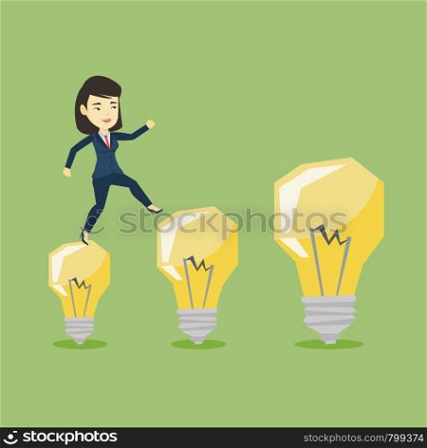 Smiling business woman hopping onto idea light bulbs. Young asian business woman jumping on idea light bulbs. Concept of successful business idea. Vector flat design illustration. Square layout.. Business woman jumping on light bulbs.