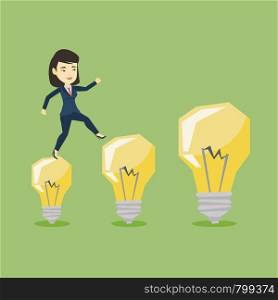 Smiling business woman hopping onto idea light bulbs. Young asian business woman jumping on idea light bulbs. Concept of successful business idea. Vector flat design illustration. Square layout.. Business woman jumping on light bulbs.