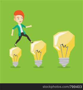 Smiling business woman hopping onto idea light bulbs. Caucasian cheerful business woman jumping on idea light bulbs. Concept of business idea. Vector flat design illustration. Square layout.. Business woman jumping on light bulbs.