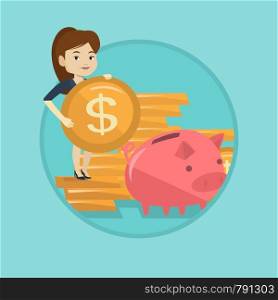 Smiling business woman putting money in a piggy bank. Caucasian business woman saving money in piggy bank. Concept of saving money. Vector flat design illustration in the circle isolated on background. Business woman putting coin in piggy bank.