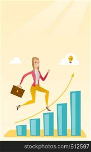Smiling business woman standing on profit chart. Caucasian successful business woman running along the profit chart. Concept of business profit. Vector flat design illustration. Vertical layout.. Business woman standing on growth graph.