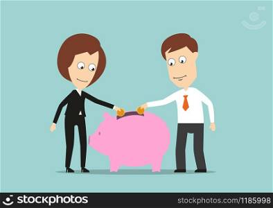 Smiling businessman and business woman putting golden coins in piggy bank, for teamwork or investment fund concept design. Cartoon flat style. Business team putting money in piggy bank