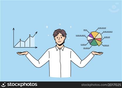 Smiling businessman consider graph and chart, make financial market analysis. Happy male employee or worker analyze finances statistics and research. Business plan concept. Vector illustration. . Happy businessman consider company financial stats