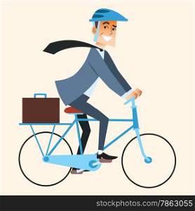 Smiling businessman going to work in the office by bike, briefcase in the trunk. Sports and work
