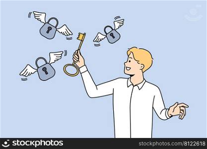Smiling businessman hold key unlock padlocks solving business problem. Happy male employee find solution to trouble. Achievement and success. Vector illustration. . Smiling businessman with key to padlocks