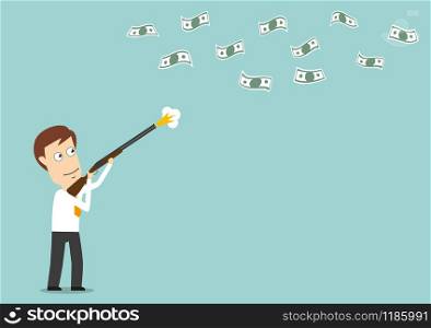 Smiling businessman hunts for flying dollar bills with hunting gun, for financial investment design. Cartoon flat style. Businessman hunts for dollar bills with gun