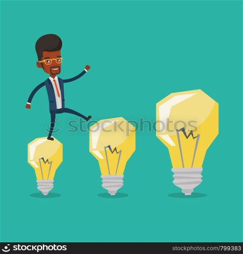 Smiling businessman in a suit hopping onto idea light bulbs. An african-american cheerful businessman jumping on idea bulbs. Concept of business idea. Vector flat design illustration. Square layout.. Businessman jumping on idea light bulbs.