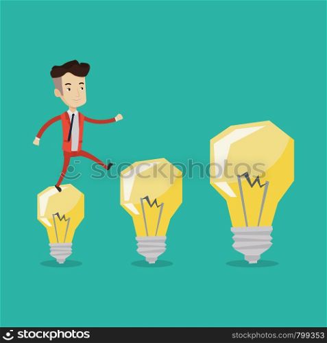 Smiling businessman in a suit hopping onto light bulbs. Young cheerful businessman jumping on light bulbs. Concept of business idea. Vector flat design illustration. Square layout.. Businessman jumping on light bulbs.