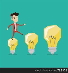 Smiling businessman in a suit hopping onto light bulbs. Young cheerful businessman jumping on light bulbs. Concept of business idea. Vector flat design illustration. Square layout.. Businessman jumping on light bulbs.