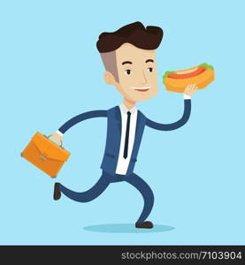 Smiling businessman in hurry eating hot dog. Happy businessman with briefcase eating on the run. Young man in business suit running with fast food. Vector flat design illustration. Square layout.. Businessman eating hot dog vector illustration.