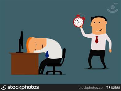 Smiling businessman or manager sneaks to sleeping colleague to wake with alarm clock, for overworked or joke concept. Flat style. Manager sneaks to sleeping colleague