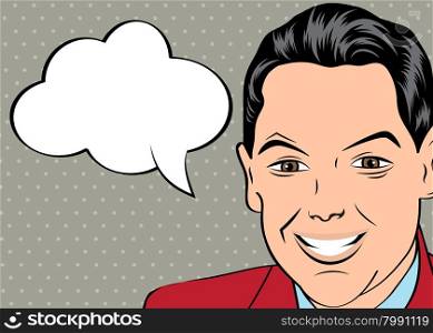 smiling businessman, pop art style with message, vector illustration