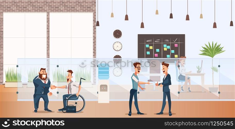 Smiling Businessman Shake Hand in Creative Office. Worker make Successful Deal at Coworking Space. Man Wear Suit make Agreement. Male Partner Meeting. Cartoon Flat Vector Illustration. Smiling Businessman Shake Hand in Creative Office