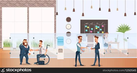 Smiling Businessman Shake Hand in Creative Office. Worker make Successful Deal at Coworking Space. Man Wear Suit make Agreement. Male Partner Meeting. Cartoon Flat Vector Illustration. Smiling Businessman Shake Hand in Creative Office