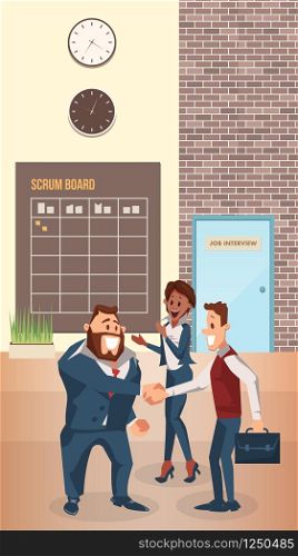 Smiling Businessman Shake Hand in Modern Office. Successful Job Interview. Suit Character Handshake on Coworking. Woman Worker in Formal Wear Clap with Joy. Cartoon Flat Vector Illustration. Smiling Businessman Shake Hand in Modern Office