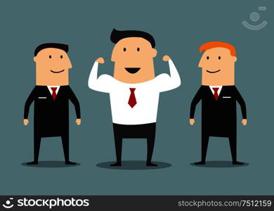 Smiling businessman show strength between bodyguards. Cartoon flat style . Cartoon powerful businessman with bodyguards