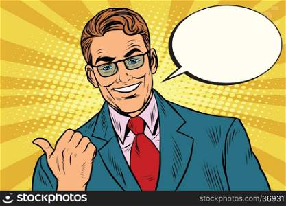 Smiling businessman showing big finger to the left, pop art retro vector illustration