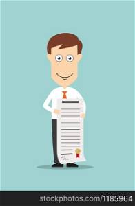 Smiling businessman showing graduation diploma or certificate, for education or knowledge design. Cartoon flat style . Businessman with graduation diploma or certificate