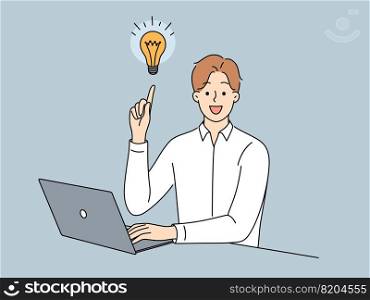 Smiling businessman sit on computer generate creative business idea. Happy male employee with lightbulb work on laptop brainstorm over problem solution. Vector illustration.. Businessman with lightbulb generate business idea