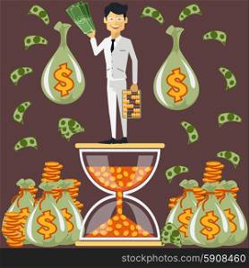 Smiling businessman standing on the hourglass in which coin holding dollars near bags of money. Winnings in lottery. Time is money concept. Flying around dollar notes cartoon flat design style. Businessman standing on the hourglass