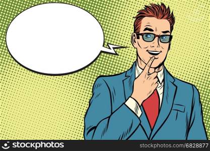 smiling businessman was up to something, a finger to her lips. Pop art retro vector illustration. smiling businessman was up to something, a finger to her lips