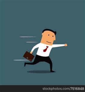Smiling businessman with briefcase running in hurry to work or business meeting with one arm extended in front. Time management, way to success or career concept themes. Businessman running in hurry to work