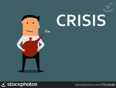 Smiling businessman with medical enema in hands, ready to clean out business from crisis. For crisis management design, cartoon flat style. Businessman cleans out business from crisis