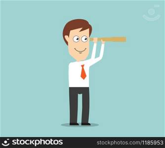 Smiling businessman with spyglass looking for future trends and business opportunities to change strategy. Cartoon flat style. Businessman with spyglass looking for future