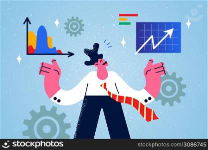 Smiling businessman wok with graphs and chart consider company financial statistics. Happy male employee or financier analyze finances for startup project. Banking concept. Vector illustration. . Smiling businessman consider financial graphs