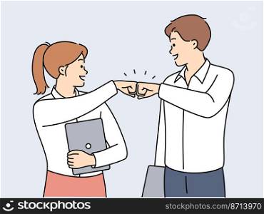 Smiling businesspeople give fists bump celebrate business success or victory together. Smiling colleagues enjoy shared win. Teamwork concept. Vector illustration. . Smiling businesspeople give fists bump