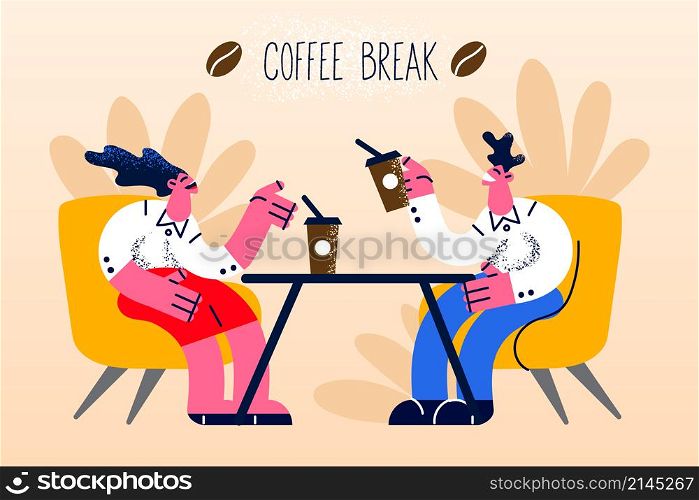 Smiling businesspeople having coffee break from work relax in lounge zone. Happy diverse employees or colleagues rest in cafe on lunch or dinner time. Eating out. Vector illustration. . Smiling colleagues having coffee break in cafe