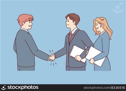 Smiling businesspeople shake hands get acquainted at meeting. Happy business partners handshake close deal or make agreement. Vector illustration. . Smiling businesspeople handshake closing deal 