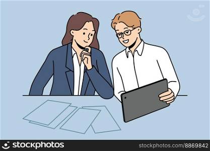 Smiling businesspeople sit at desk brainstorm consider project on tablet together. Motivated colleagues work together on pad. Teamwork and cooperation. Vector illustration. . Smiling businesspeople cooperate using tablet 