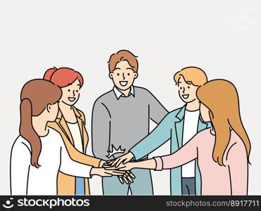 Smiling businesspeople stack hands in pile show unity and support at workplace. Happy colleagues involved in teambuilding in office. Teamwork. Vector illustration. . Happy colleagues stack hands involved in teambuilding 