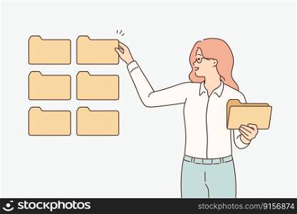 Smiling businesswoman choose files from digital folders. Happy female employee work with virtual directory. Vector illustration. . Businesswoman work with digital folders 
