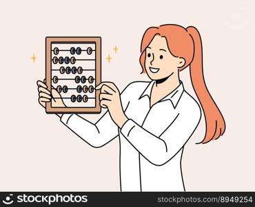 Smiling businesswoman hold abacus in hands. Happy female accountant or worker with old counting tool. Vector illustration. . Smiling businesswoman hold abacus in hands 