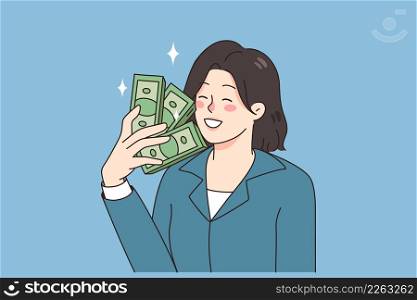 Smiling businesswoman hold dollar banknotes in hands excited with job promotion and salary raise. Happy woman employee with money bills overjoyed with wage rise. Flat vector illustration.. Smiling businesswoman hold dollar banknotes in hands