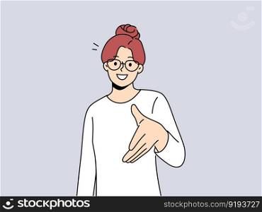 Smiling businesswoman in glasses stretch hand to camera get acquainted with applicant or candidate. Happy woman greeting with handshake. Collaboration and acquaintance. Vector illustration. . Smiling woman stretch hand for handshake 
