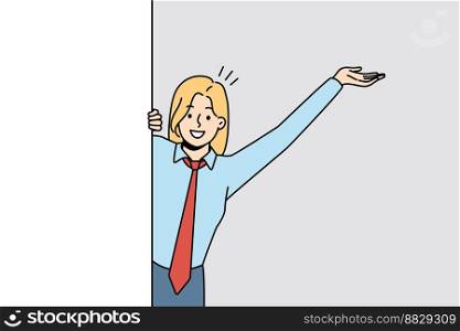 Smiling businesswoman look behind mockup white placard. Happy female employee look and wave near empty poster with advertisement. Copy space. Vector illustration. . Smiling businesswoman look behind mockup poster 