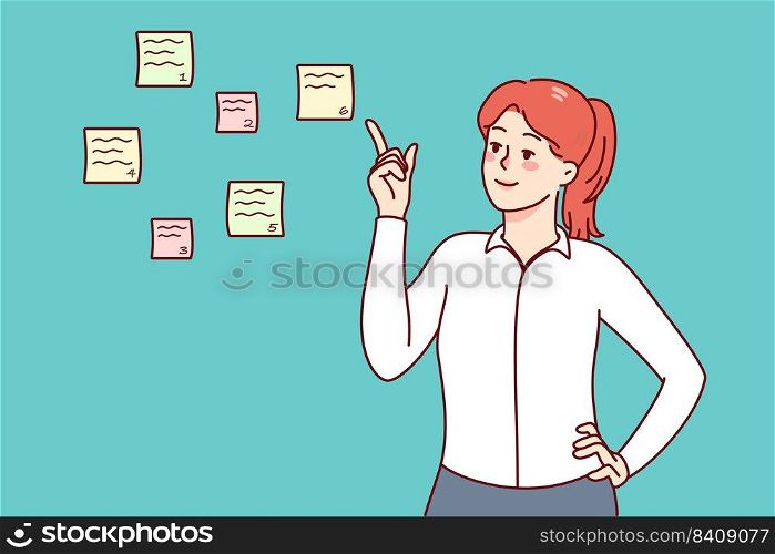 Smiling businesswoman point at sticky notes with numbers planning tasks. Happy woman prioritize to do list, share work schedule. Time management concept. Vector illustration.. Businesswoman prioritize to do list on notes