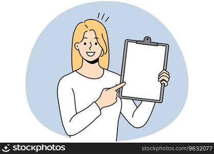 Smiling businesswoman showing folder with white mockup paper. Happy woman employee demonstrate paperwork completed task at workplace. Vector illustration.. Smiling businesswoman show competed task