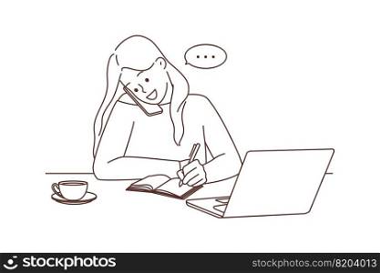 Smiling businesswoman sit at desk work on computer talking on cellphone. Happy woman multitask chatting on smartphone. Vector illustration. . Smiling businesswoman work on computer talk on cell 