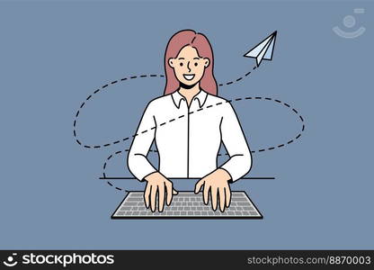 Smiling businesswoman sit at table typing on keyboard on computer sending message or email. Happy female employee busy working at workplace. Vector illustration. . Smiling businesswoman typing on keyboard sending message 