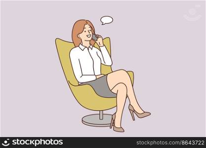 Smiling businesswoman sit in chair talking on cellphone. Happy female employee have pleasant mobile conversation. Vector illustration. . Smiling businesswoman in chair talking on cell 