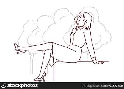 Smiling businesswoman sit on bench in park relaxing outdoors. Happy woman enjoy good day outside near forest. Vector illustration. . Smiling woman sitting outside in park 