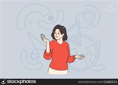 Smiling businesswoman surrounded by various geometric figures and shapes. Female employee work with abstract data and charts. Information analysis concept. Flat vector illustration. . Businesswoman work with data and charts