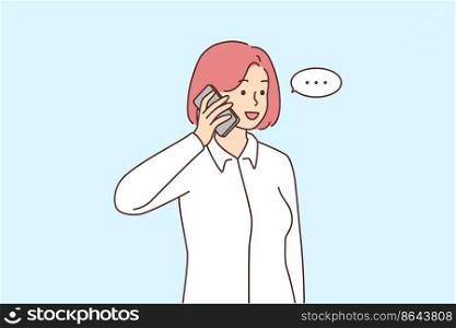Smiling businesswoman talk on cellphone with client or customer. Happy female employee have pleasant smartphone conversation. Vector illustration. . Smiling woman talk on cellphone 