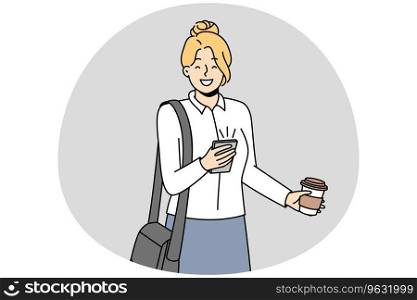 Smiling businesswoman use cellphone drink coffee from takeaway cup. Happy motivated female employee enjoy takeout drink browse smartphone. Vector illustration.. Smiling businesswoman with cellphone and takeaway coffee