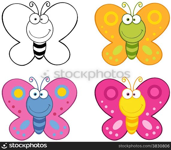 Smiling Butterflies Cartoon Mascot Characters. Collection Set