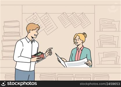 Smiling buy magazine at street newsstand with press. Happy male client purchase newspaper in outdoor kiosk or stall. Print media and entertainment. Flat vector illustration. . Smiling man buy newspaper in outdoor kiosk 